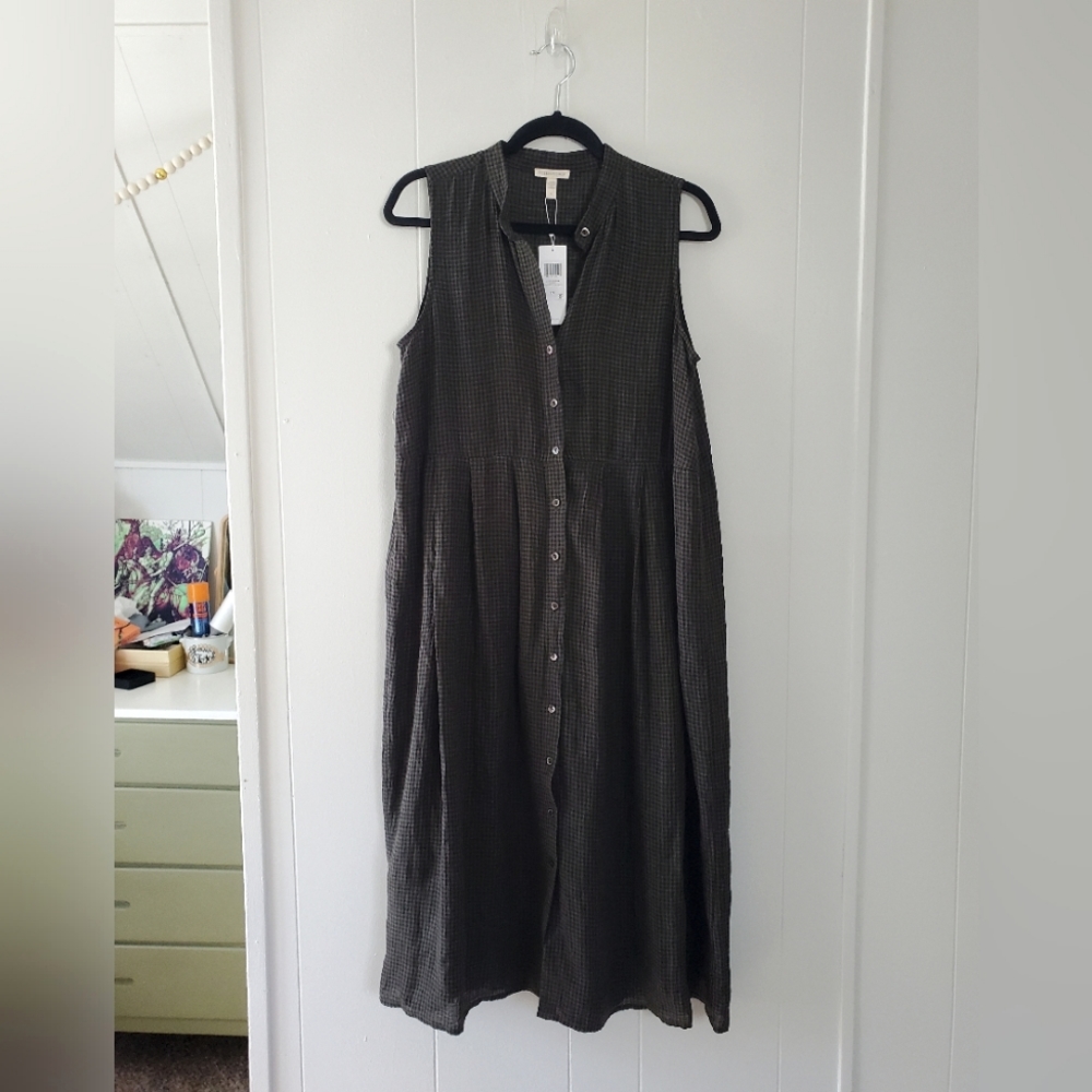Eileen Fisher Organic Linen "Seaweed" Mandarin Collar Dress
